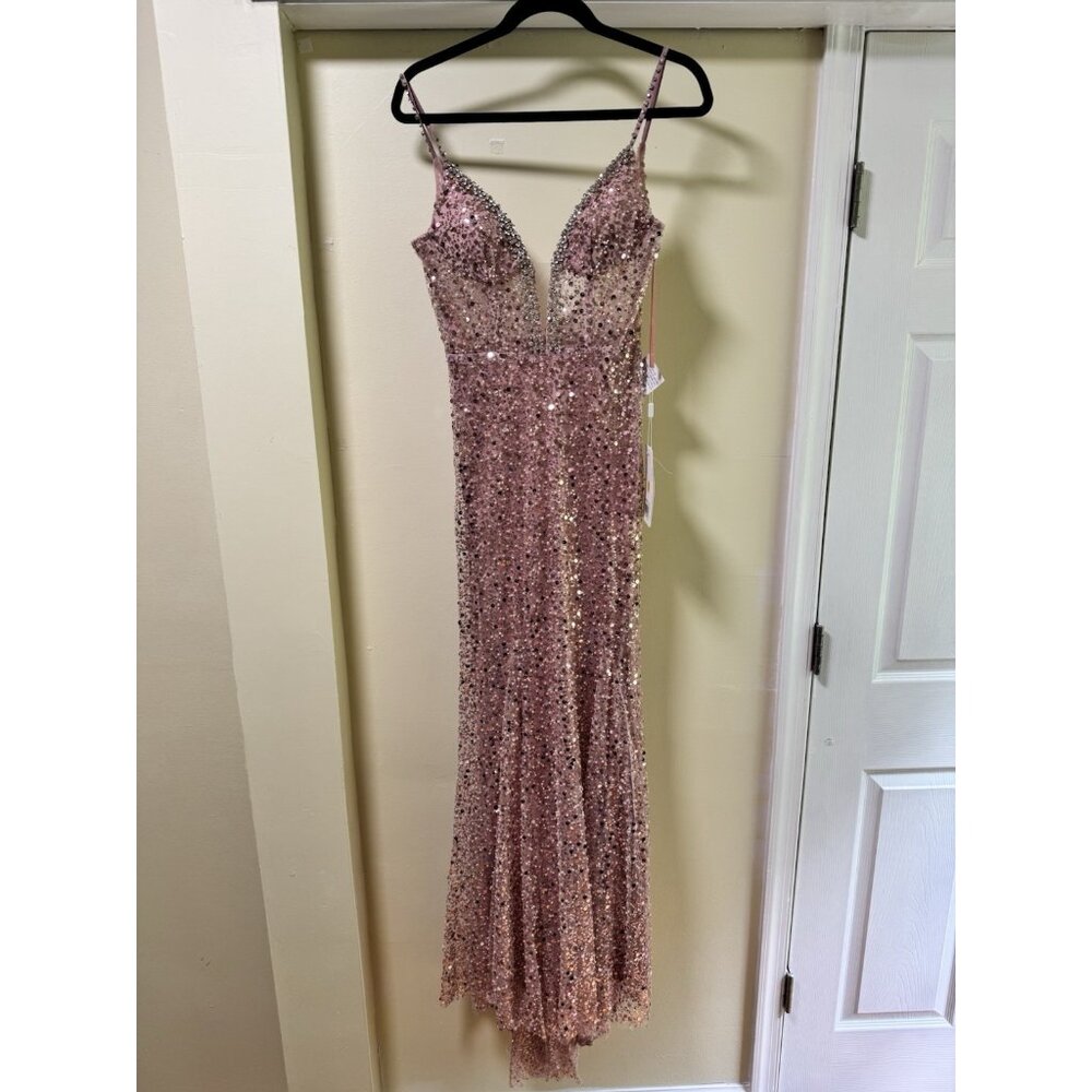 MAC DUGGAL 68175 Pink Embellish Trumpet Gown Plunge Neck Sleeveless Dress Sz 0
